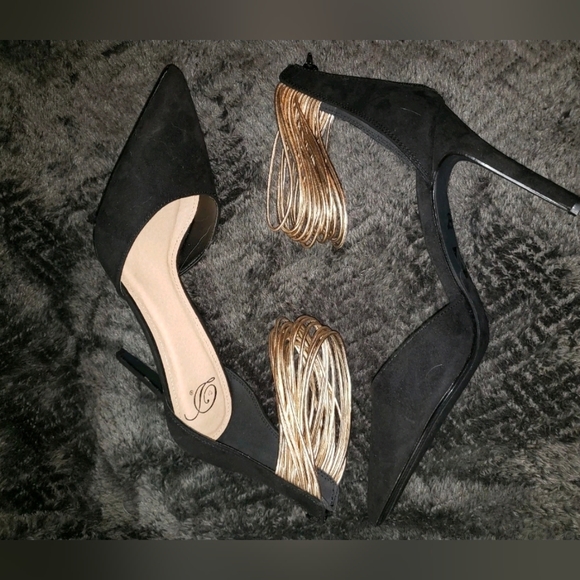 Awesome Heart D Black Heels Stilettos Gold Ankle Straps Pointed-Toe Sz 10M - Picture 4 of 10